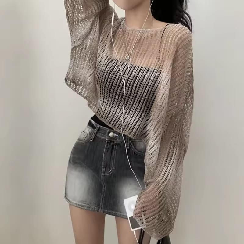 Lucyever Women's Summer 2025 New Knitted Sweater Lightweight Long-Sleeve Sun Protection Pullover Chic Loose See-Through Crop Top