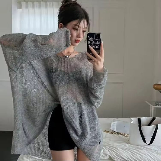 Sweet Lazy Hole Hollow Out Sunscreen Tops Women Summer New Slash Neck Long Sleeve Sweaters Loose All-match Knitted Pullover