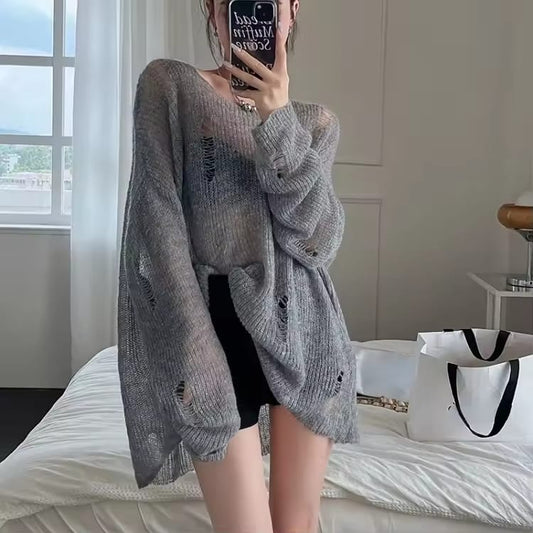 Sweet Lazy Hole Hollow Out Sunscreen Tops Women Summer New Slash Neck Long Sleeve Sweaters Loose All-match Knitted Pullover