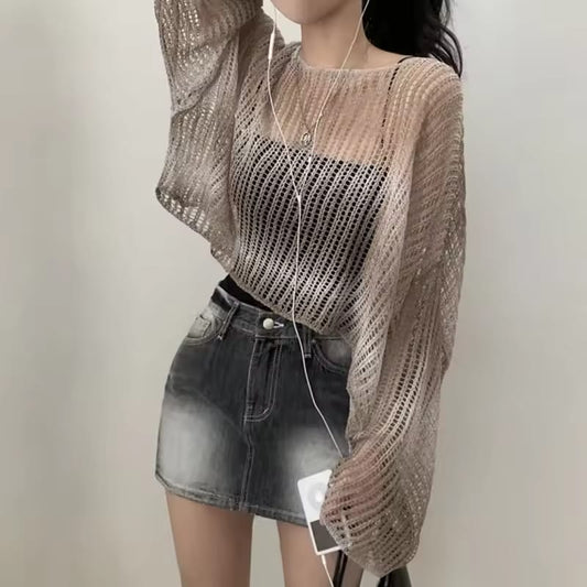 Lucyever Women's Summer 2025 New Knitted Sweater Lightweight Long-Sleeve Sun Protection Pullover Chic Loose See-Through Crop Top