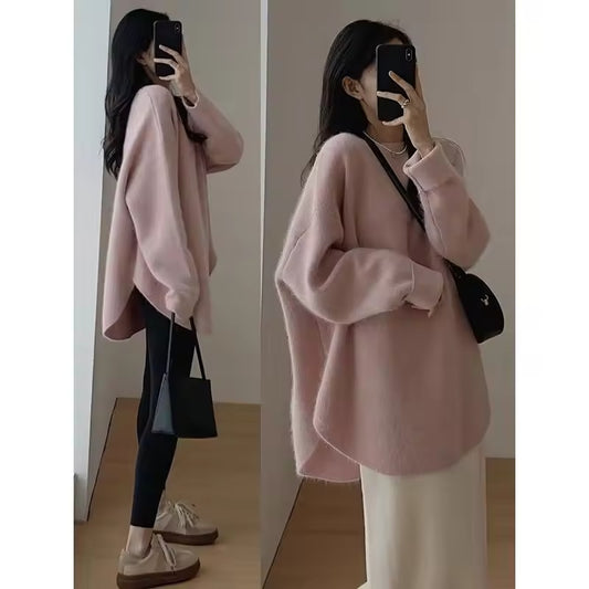 Women's Korean Fashion Simple Chic Oversized Knitted Sweater Solid O Neck Long Sleeve Pullover Tops Streetwear Irregular Jumpers