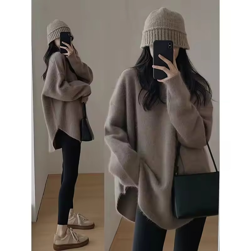 Women's Korean Fashion Simple Chic Oversized Knitted Sweater Solid O Neck Long Sleeve Pullover Tops Streetwear Irregular Jumpers