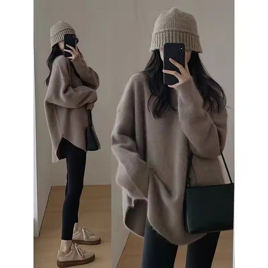 Women's Korean Fashion Simple Chic Oversized Knitted Sweater Solid O Neck Long Sleeve Pullover Tops Streetwear Irregular Jumpers
