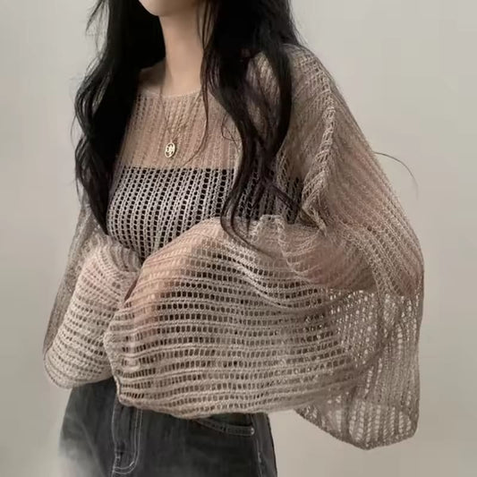 Lucyever Women's Summer 2025 New Knitted Sweater Lightweight Long-Sleeve Sun Protection Pullover Chic Loose See-Through Crop Top